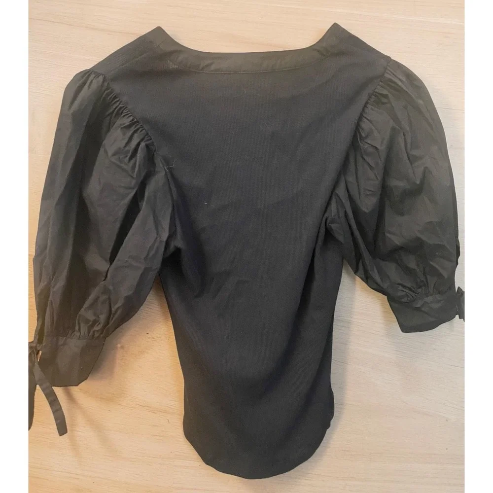 Ulla Johnson Pia Black Puff Sleeve Ribbed Knit Women's Small Blouse